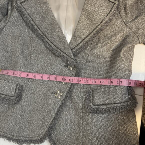 Cache Size Large Y2K Metalic Silver Gray Boucle Wool Blend Tweed Blazer Fringe - Picture 10 of 11